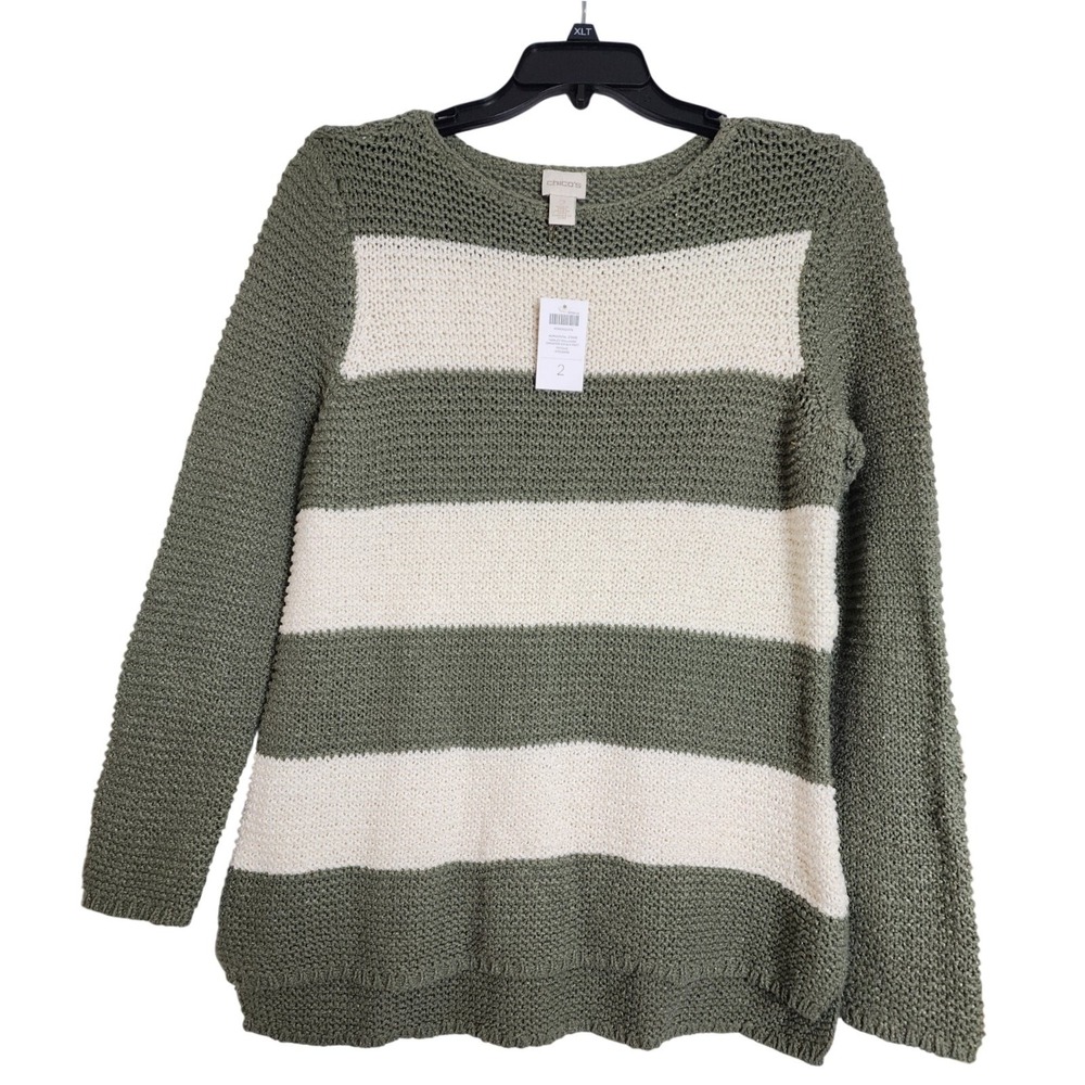 NWT Chico's Horizontal Stripe Harley Pullover‎ Sweater Fatigue Green 2 (12 14) L